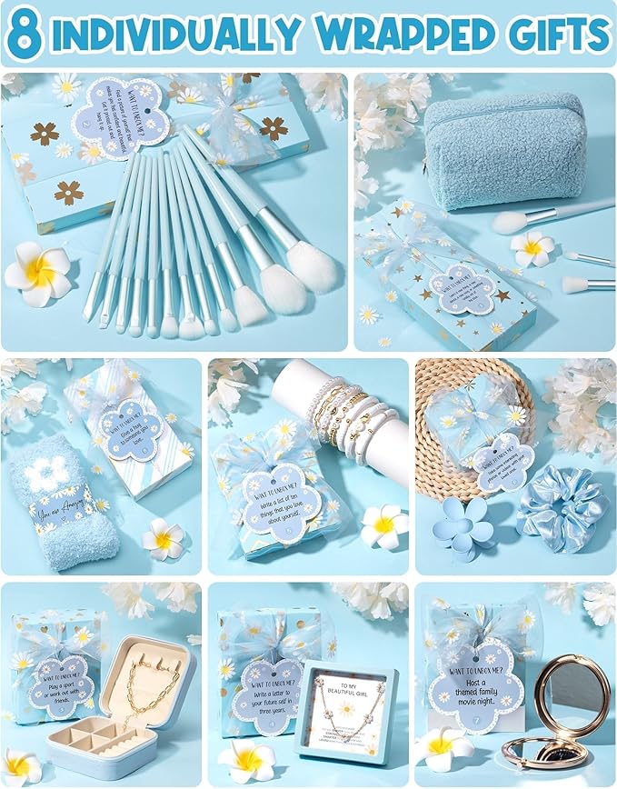 Birthday Gifts for Teen Girls - 8 PCS Graduation Gifts Basket for Tween Teen Girls, Teen Girl Gifts Trendy Stuff Fun Girl Empower Gift Box w/Task Tag, Make up Brushes Makeup Bag for Niece Daughter Her