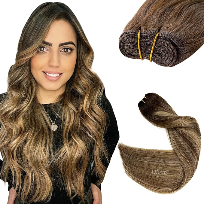 Sew in Hair Extensions - Real Human Hair Balayage Brown and Blonde Highlights Weft for Women, 14 Inch 80G Hand Tied Weft Human Hair Bundles