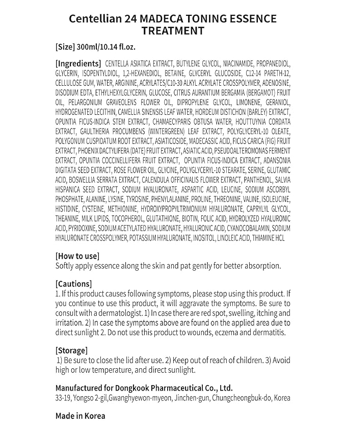 Centellian 24 Toning Essence Treatment for Even Skin Tone and Wrinkle Improvement with TECA, Centella Asiatica, Niacinamide (10.14 fl oz) by Dongkook Pharmaceutical