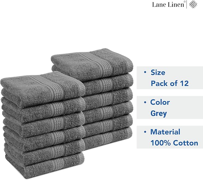 LANE LINEN Pack of 12 Washcloths Set - Spa & Salon Quality - 100% Mercerized Cotton Face Towels - Ring Spun, Very Soft & Absorbent Wash Cloths for Showering - Fingertip Towels - 13"x13", Space Grey