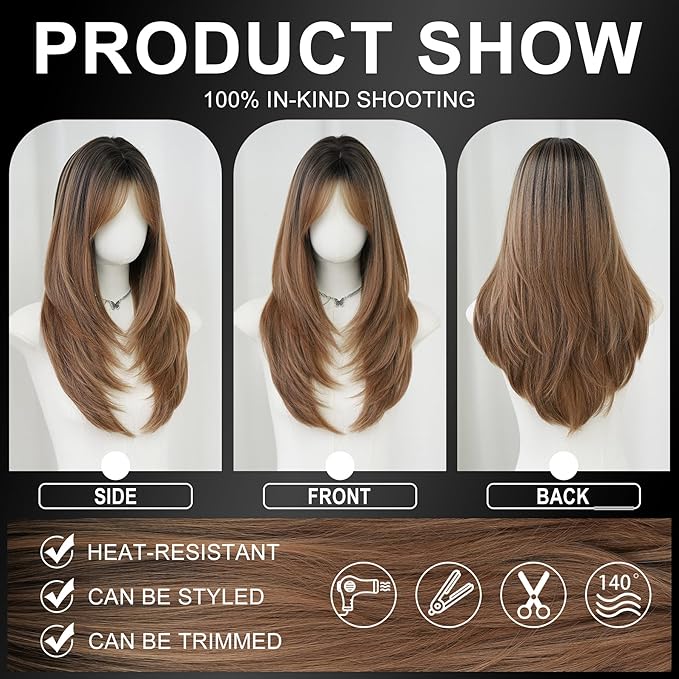 7JHH WIGS Long Blonde Brown Highlight Wig with Bangs for Women Heat Resistant Fiber 25 Inch Layered Synthetic Hair Wigs with Dark Roots for Daily Use