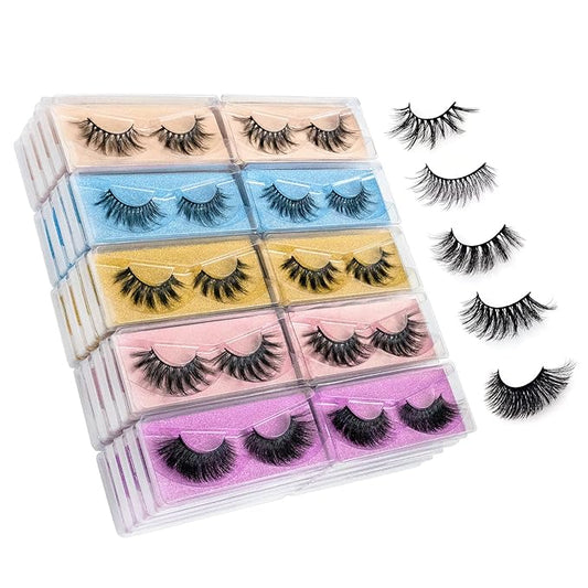 Wholesale Mixed Lashes Pack 3D Faux Mink Eyelashes 5 Style 50 Pairs Fluffy Volume Natural Charming Look Medium Length Eyelashes Cotton Band Handmade Reusable Soft False Eyelashes (5 styles-50 pairs)