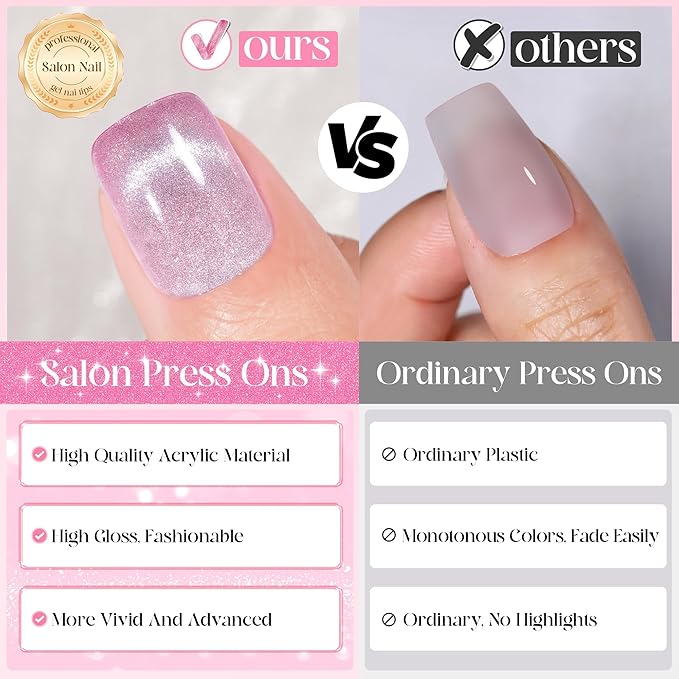 Cat Eye Press on Nails Short - 5 Styles | 120Pcs Fake Nails Square with Glitter Galaxy Chasing Light Cat Eye Designs, Artificial Acrylic Nails Gel Glue on Nails Stick on Nails for Women