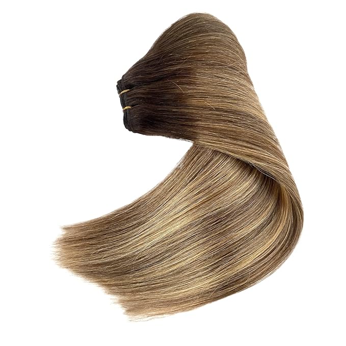 Sew in Hair Extensions Real Human Hair, 20 Inch 100G Weft Hair Extensions Human Hair Ombre Ash Brown Balayage Golden Blonde Highlights Human Hair Weft Extensions Weave Bundles Human Hair for Women