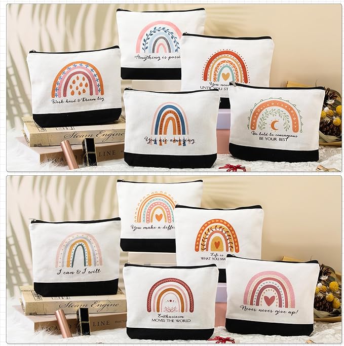 Sieral 30 Pcs Rainbow Canvas Makeup Bags Bulk Employee Appreciation Gifts Graduation Inspirational Cosmetic Bags Thank You Gifts for Teacher Secretary Coworker Volunteer Nurse(Motivational)