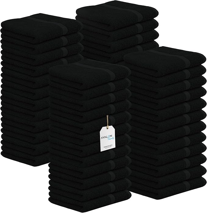 Avalon Towels Cotton Washcloths – (Pack of 48) Size 12x12 Inches, 100% Ring Spun Cotton, Soft & Absorbent Face Towels, Gym Towels, Hotel and Spa Quality, Reusable Fingertip Towels (Black)
