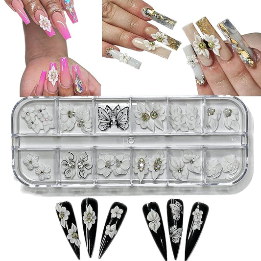 3D White Acrylic Flower Nail Art Charms Handmade by Acrylic Powder - 24pcs Flowers Nail Rhinestones Kit 3D Crystal Nail Pearls Design Acrylic Nail Art for Women (White)