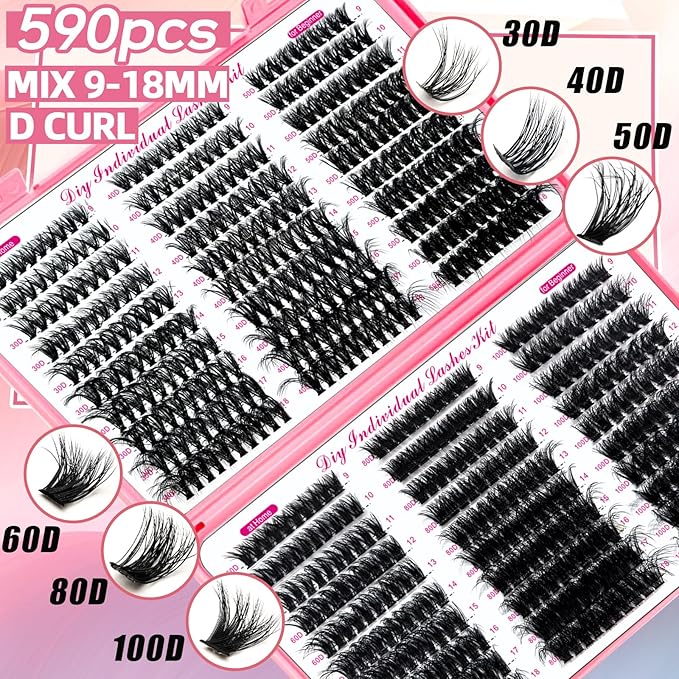 DIY Fluffy Lash Extension Kit 802Pcs D Curl 4 styles Individual Lash with Bottom Lash Clusters Lash Bond and Seal,Quick Glue Remover Tweezers Eyelash Brush Mini Applicator (LASH002)