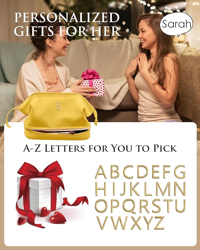 Bachelorette Gifts for Bride, Initial Makeup Bag, Travel Gifts, Personalized Bags, Double Layer Cosmetic Bag, Birthday Gifts for 3 4 5 6 7 8 9 10 11 12 13 Year Old Girls-Kids Graduation Gifts