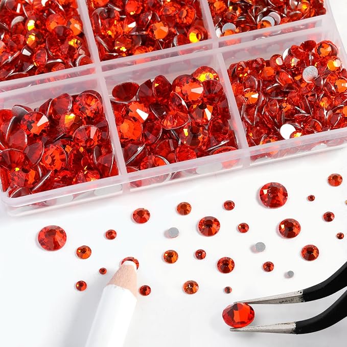 Beadsland 8300PCS Flatback Rhinestones, Orange Rhinestone Nail Gems Round Crystal Rhinestones for Crafts, Mixed 10 Sizes with Wax Pencil and Tweezer Kit, SS3-SS30, Hyacinth