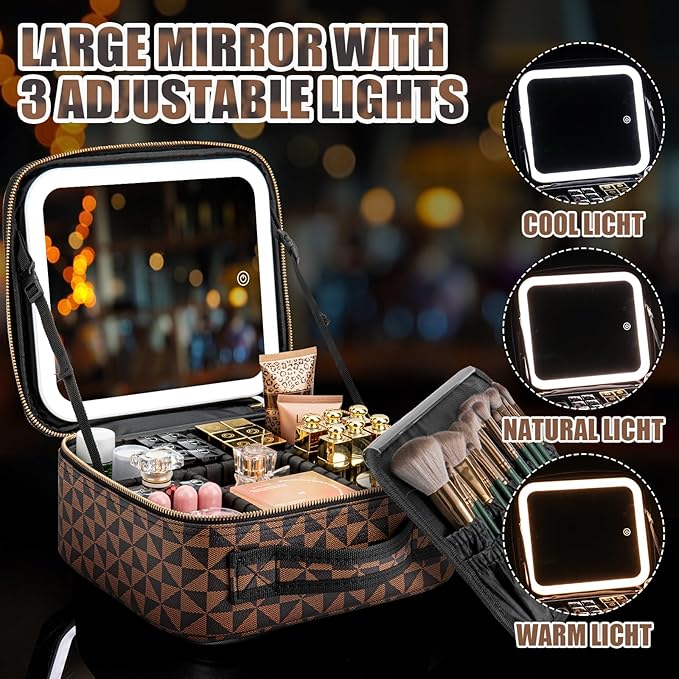 Makeup Travel Train Case with Mirror LED Light 3 Adjustable Brightness Cosmetic Bag Portable Storage Adjustable Partition Waterproof Makeup Brushes Makeup Jewelry Gift for Women