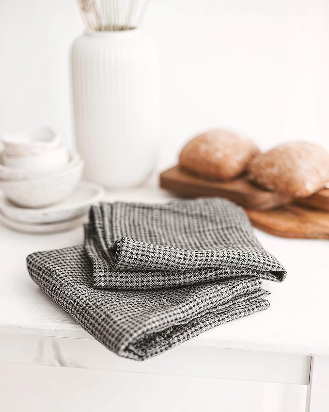 Pure 100% Linen Hand Towels - Set of 2 Linen Kitchen Towels Waffle Weave Black-Natural - 13 x 29-inch Soft Lightweight Stone-Washed Dish Towels - Quick-Dry Tea Towel - Kitchen Linens