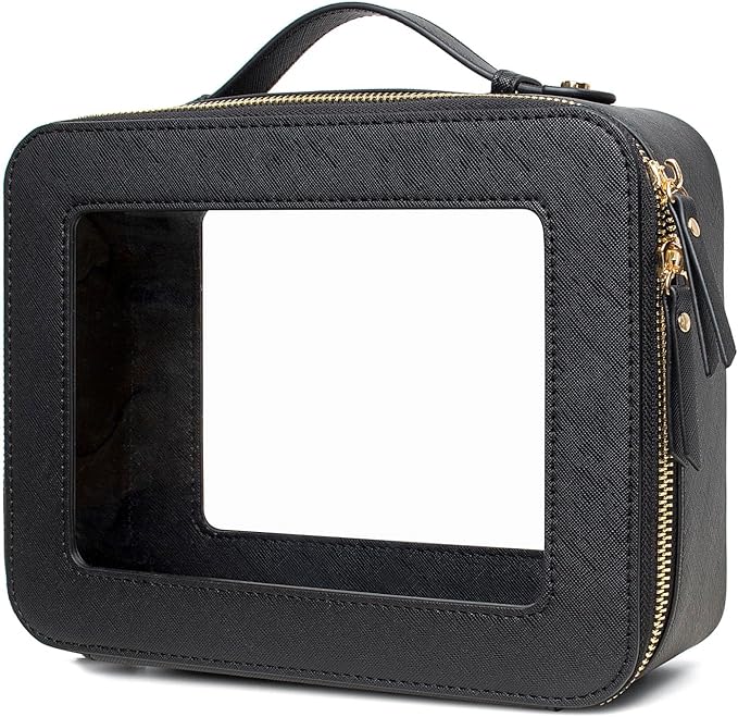 Clear Makeup Bags TSA Approved Toiletry Bag with Handle Large Opening,Clear Toiletry Bags for Carry-on Traveling Travel Car Accessories Essentials Organziation Storage for Women Girls(Black, Large)