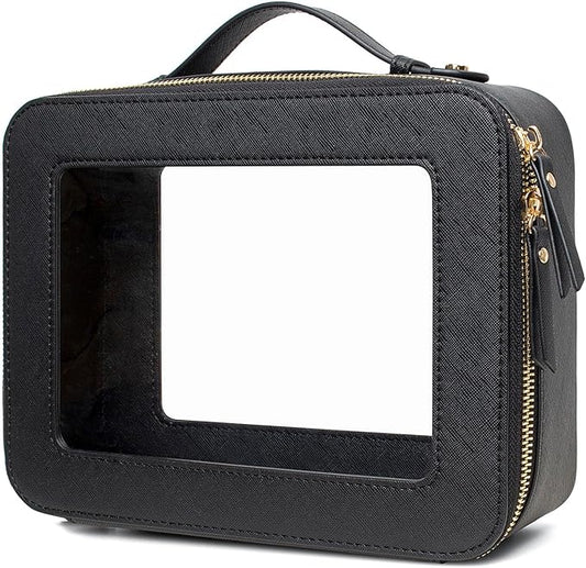 Clear Makeup Bags TSA Approved Toiletry Bag with Handle Large Opening,Clear Toiletry Bags for Carry-on Traveling Travel Car Accessories Essentials Organziation Storage for Women Girls(Black, Large)