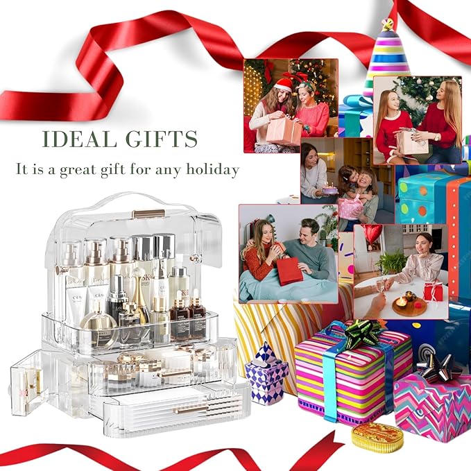 LINFIDITE Cosmetics Storage Box Transparent Lid Large Makeup Organizer Box Drawers Portable Handle Waterproof Dustproof Skincare Display Cases for Countertop, Bathroom, Dresser,Gift Clear