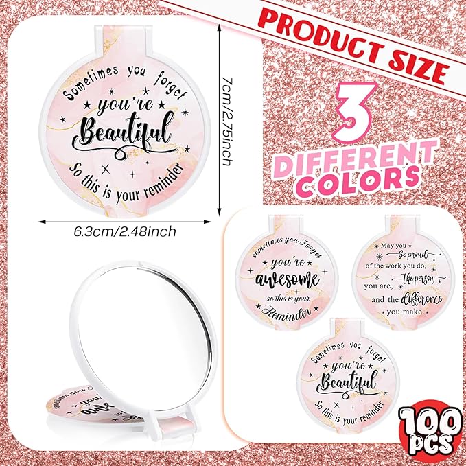 Wenqik 100 Pcs Compact Mirror Bulk Light Pink Gifts for Women Small Inspirational Pocket Purse Handheld Mirror Portable Round Makeup Folding Appreciation Gift for Christmas Valentine Daily Travel