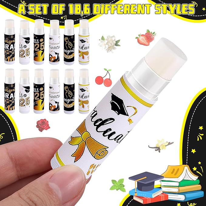 50 Set 2025 Graduation Gift Bulk Lip Balms Class of Graduation Party Favors with 6 Assorted Flavors Inspirational Graduation Gifts with 50 Organza Bags and Cards for Students Graduation Party