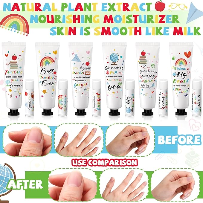 48 Set Teacher Appreciation Gifts Lip Balm Hand Cream Thank You Gifts with Cards Organza Bags Travel Size Moisturizing Hand Lotion for Dry Crack Hand Teachers' Day