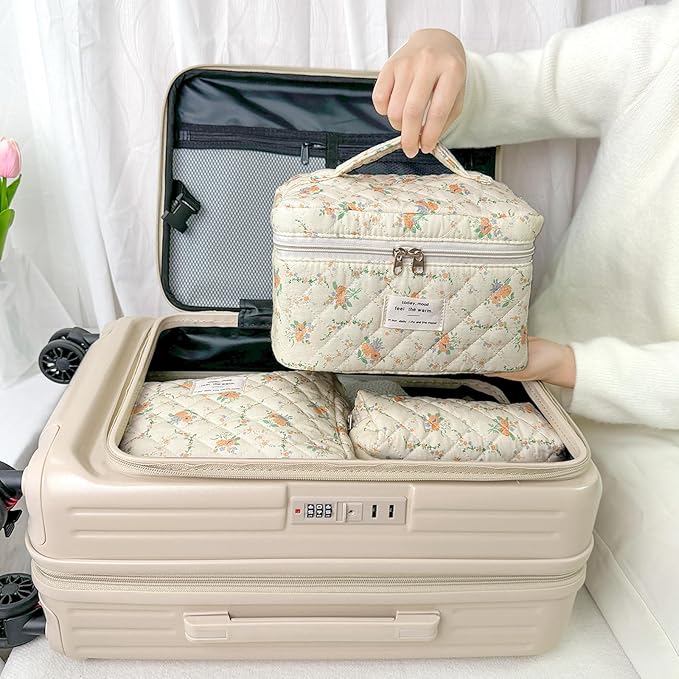 3Pcs Cotton Quilted Makeup Bag for Women Girls, Large Floral Cosmetic Bag Set Cute Makeup Brushes Aesthetic Accessories Storage Bag Yellow Daylily Flower Travel Toiletry Bag Organizer