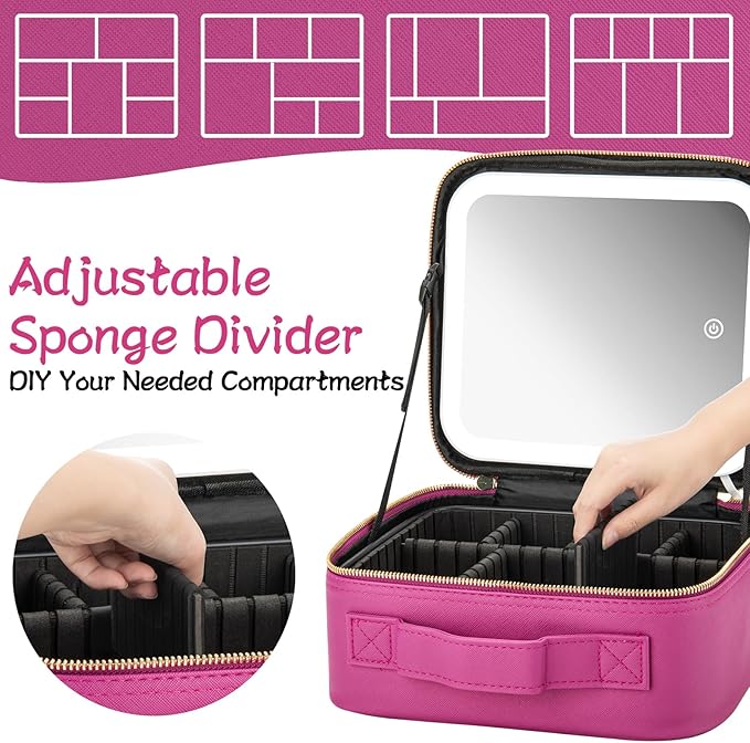 Makeup Travel Train Case with Mirror LED Light 3 Adjustable Brightness Cosmetic Bag Portable Storage Adjustable Partition Waterproof Makeup Brushes Makeup Jewelry Gift for Women