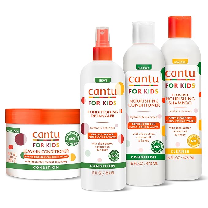 Cantu Care for Kids Haircare Regimen Set with Large Size Shampoo + Conditioner + Detangler + Leave-In Conditioner (Pack of 4)