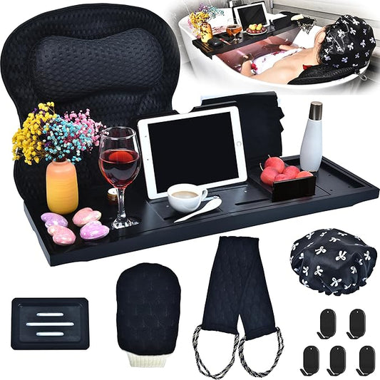 Bathtub Trays and Tub Pillow for Bathtub, Expandable Folding Bath Tray, with Black Soapbox, 2 Bath Towels, Shower Cap, Storage Bag, Bathroom Hooks, Uniform Black Accents for Your Bathtub
