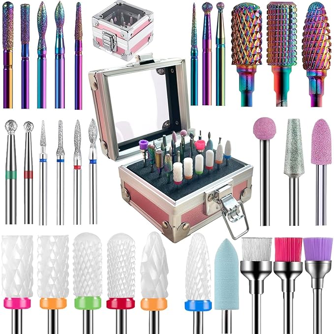 30Pcs Nail Drill Bits Set with Cute Nail Drill Bits Holder Case Nail Drill Bits for Acrylic Nails Professional Ceramic Drill Bit Diamond Carbide Cuticle Remover Efile Bits 3/32 Inch