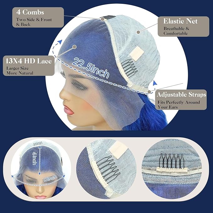 30 Inch Blue Lace Front Wig Human Hair Blue Human Hair Wig 200 Density 13x4 Body Wave HD Lace Front Wigs Human Hair Pre Plucked Human Hair Wig Color Blue Lace Frontal Wigs Human Hair