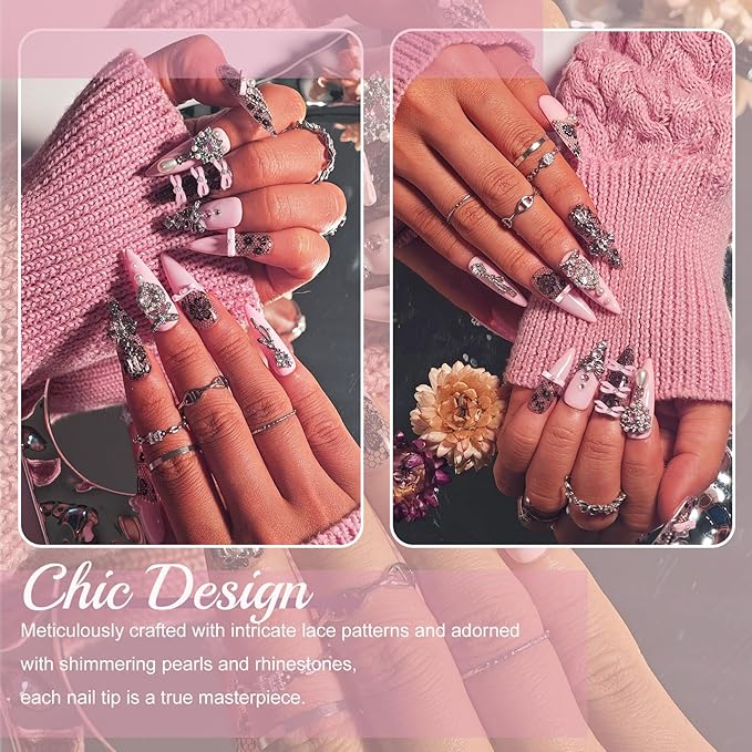 Handmade Press On Nails Stiletto, Pink Press On Nails Long, Rhinestone Lace 3D Nails With Bow For Women Gift, Reusable Stick On Fake Nails Kit With Nail Glue (Lace Charm, S)