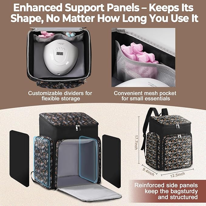 DERSTUEWE Floral Pattern Nail Polish Storage Backpack, Large Capacity Organizer Case with Multiple Compartments, Black