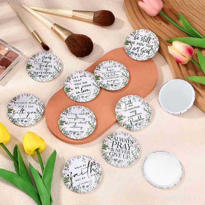60 Pcs Mother's Day Christian Gifts Bulk Mini Christian Compact Mirrors Wildflower Bible Verse Pocket Purse Mirrors Religious Scripture Gifts for Women Spring Church Sunday School