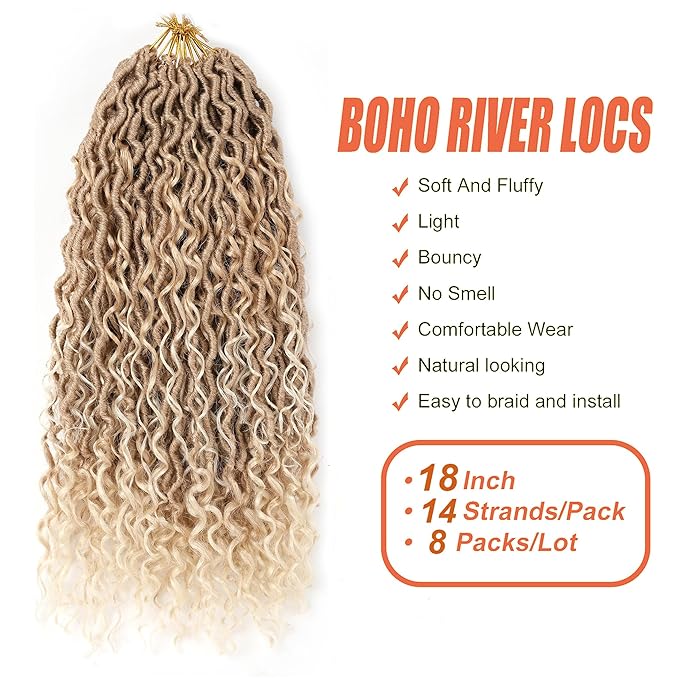 Aipin 8 Packs New Goddess Locs Crochet Hair 18 Inch Boho River Locs Hippie Locs Wavy Crochet With Curly Hair In Middle And Ends Braids Hair Extensions(8 Packs,18 inch,T27/613)