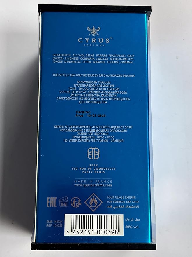 Thallium Anonymous Cologne By Yves De Sistelle 3.3 oz Eau De Toilette Spray For Men - 100% AUTHENTIC