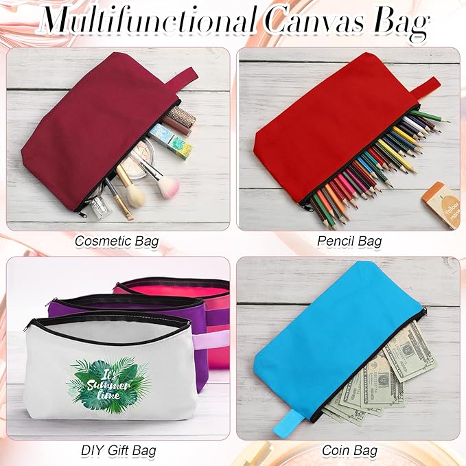 Reginary 60 Pieces Canvas Makeup Bags Bulk End of School Years Gift Cute Travel Cosmetic Pouch Multipurpose Blank Small Toiletry Bag DIY with Zipper for Travel Women Teens,15 Colors(8.6 x 5 x 2 Inch)
