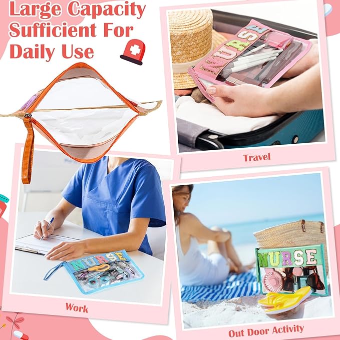 Coume 18 Pcs Nurse Makeup Bags Badge Clips Gifts Clear Pouches with Nursing Badge Reel Flower Smile Face Nursing ID Card Clips for National Certified Nurses Day Teacher Student, 11.8 x 7.87 inch