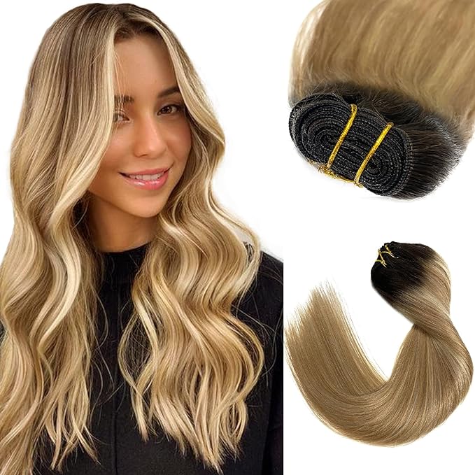 Sew in Hair Extensions Real Human Hair, 24 Inch 120G Weft Hair Extensions Human Hair, Ombre Brown Balayage Blonde Hand-Tied Weft Hair Extensions Weave Bundles Human Hair Extensions for Women