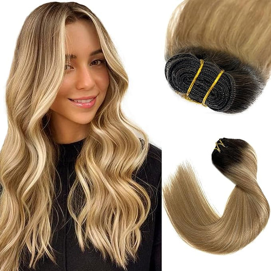 Sew in Hair Extensions Real Human Hair, 24 Inch 120G Weft Hair Extensions Human Hair, Ombre Brown Balayage Blonde Hand-Tied Weft Hair Extensions Weave Bundles Human Hair Extensions for Women