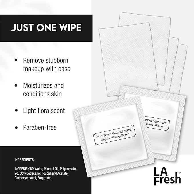 La Fresh Hotel Premium Paraben-Free Makeup Remover Wipes - White, Light Flora Scent 8x6" Wet Wipes - 50 Wipes, Travel Essentials