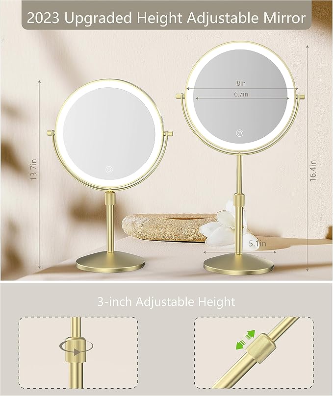 8" Lighted Makeup Mirror, 1X/10X Magnification Mirror with Lights, Double Sided Dimmable Mirror, Rechargeable & Brightness & Height Adjustable, Cordless Vanity Mirror(Gold)