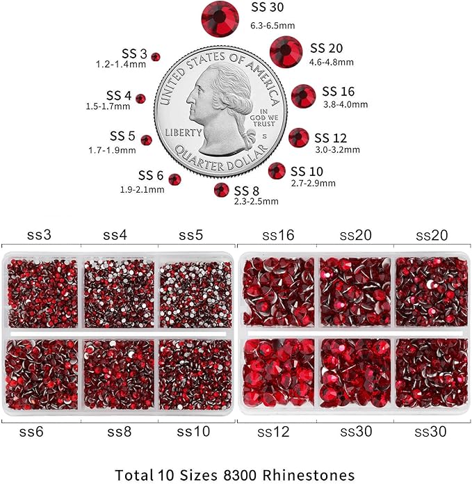 Beadsland 8300PCS Flatback Rhinestones, Red Rhinestone Nail Gems Round Crystal Rhinestones for Crafts, Mixed 10 Sizes with Wax Pencil and Tweezer Kit, SS3-SS30, Siam