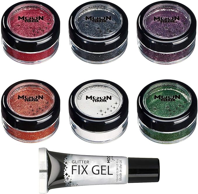 Halloween Glitter Shakers by Moon Terror - Set of 6 - SFX Make up, Festival Glitter for Face Body Hair, Special Effects Make up - 0.17g