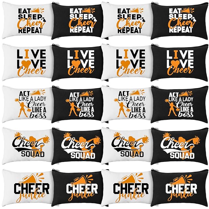Pinkunn 20 Pcs Cheer Makeup Bags Bulk Cheerleader Gifts for Women Canvas Cheer Cosmetic Pouch Toiletry Zipper Makeup Case Cheerleading Portable Travel Pouch Team Accessories(Orange)