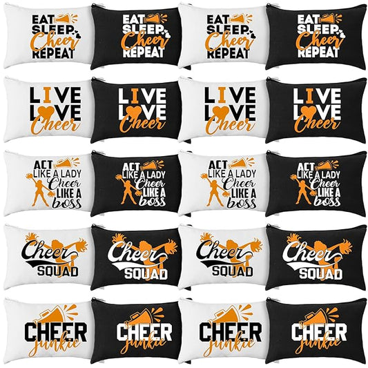 Pinkunn 20 Pcs Cheer Makeup Bags Bulk Cheerleader Gifts for Women Canvas Cheer Cosmetic Pouch Toiletry Zipper Makeup Case Cheerleading Portable Travel Pouch Team Accessories(Orange)