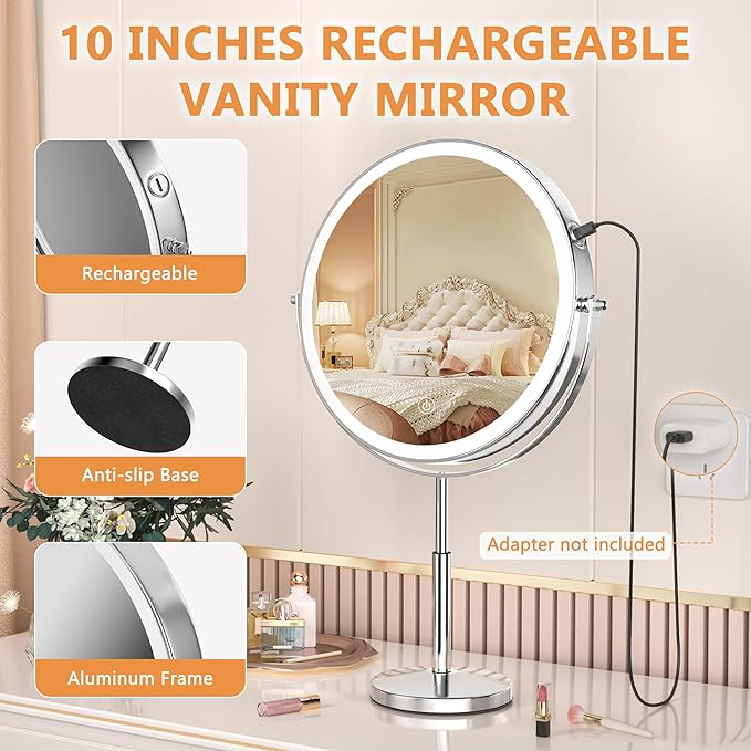Hasipu 10-inch Lighted Makeup Mirror with Magnification, Rechargeable 3000 mAh Vanity Mirror with Lights, Desk Mirror with Dimmable Brightness, 3 Lighting Modes, Height Adjustment, 360° Rotation