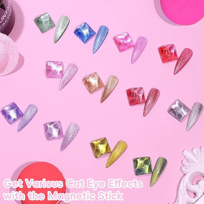 Cat Eye Gel Nail Polish Kit with UV Light，12 Colors Glitter Pink Red Purple Green Blue Gold Shimmer Colors Gel Nail Polish with Magnet Top Base Coat Nail Art Manicure Salon DIY Home Gifts
