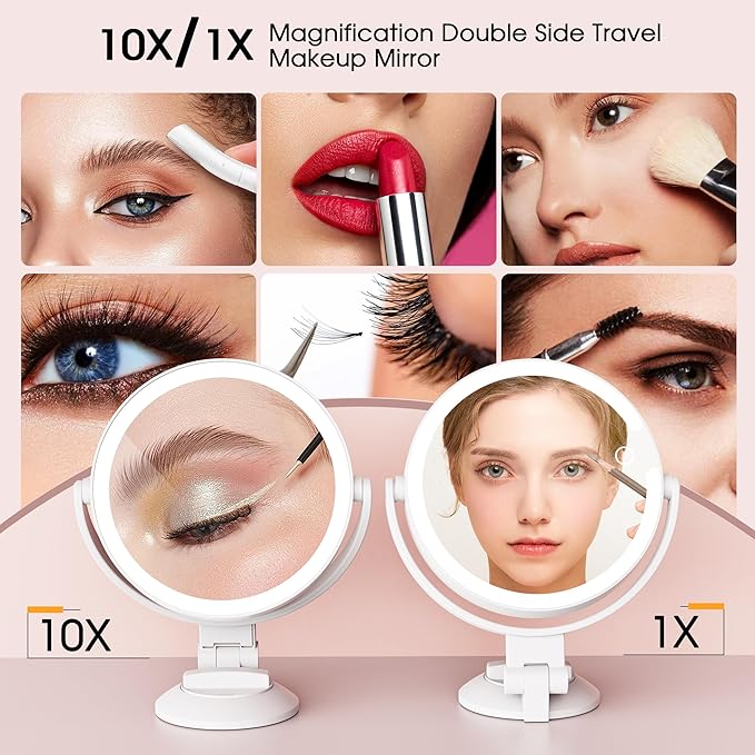 10X/1X Makeup Mirror with Lights and Magnification, 7.1” Wall Mounted Desktop Double-sided Magnifying Mirror with Suction Cup, 360°Swivel Rechargeable Travel Vanity Mirror with 3 Colors & Dimmable