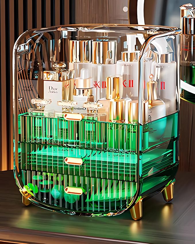 Makeup Organizer, Large Capacity Cosmetics Makeup Organizer for Vanity, Dustproof Waterproof Cosmetics Display Case with Drawers for Skincare, Lipstick, Brushes and Jewelry (Green)
