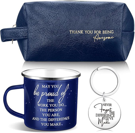 Dandat 3 Pcs Thank You Gift for Men Employee Appreciation Gift Leather Toiletry Bag 12 oz Inspirational Enamel Mug Motivational Keychain May You Be Proud Sign for Coach Men Teacher Male Staff (Blue)
