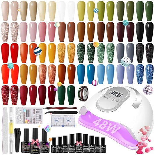 48pcs Gel Nail Polish Kit with UV Light-36 Colors Fall Winter Gold Glitter Brown Nail Polish Gel, Golden Glitter Nail Gel Christmas Gifts for Women