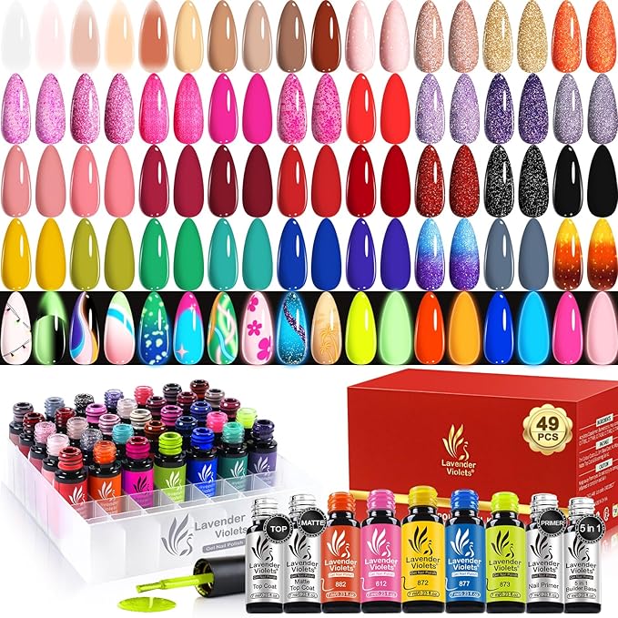 Lavender Violets 49 PCS Gel Nail Polish Set,45 Colors Summer Neon Glow in the Dark Effect with Nail Primer,Builder Base Coat,Glossy,Matte Top Coat Red Jelly Nude Glitter New Year Gifts for Women A950